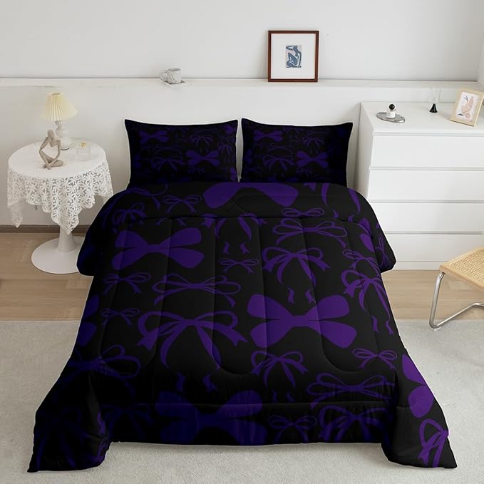 Feelyou Cute Bowknot Bedding Set Boys Girls Toddler Size Bow Comforter Set for Kids Women Men Ultra Soft Purple Girls Bow Comforter Lovely Duvet Set