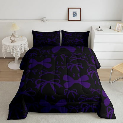 Feelyou Cute Bowknot Bedding Set King Size for Boys Girls Kids Women Men - Ultra Soft Purple Bow Comforter Kawaii Duvet Set Room Decor Lovely Quilt Set