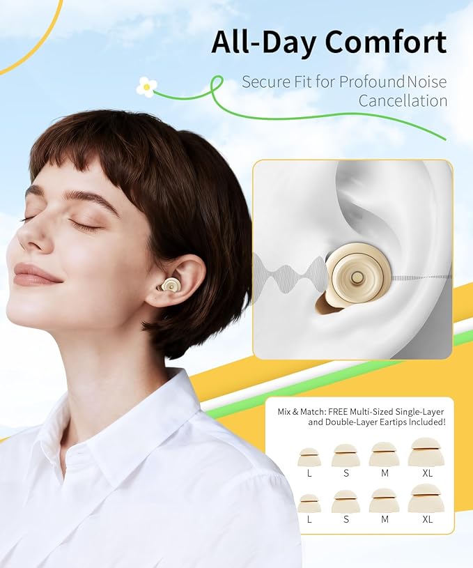 Ear Plugs for Sleeping 45dB Reusable Noise Cancelling Ear Plugs with 8 Eartips and Travel Case for Concerts, Snoring, Travel, Study Sleeping earplugs(Beige)