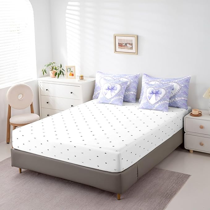 jejeloiu Girls Purple Bowknot 7 Piece Bedding Set King Size White Pearl Comforter Set with Sheets for Kids Women Glitter Mermaid Bed in a Bag Princess Style Bed Set