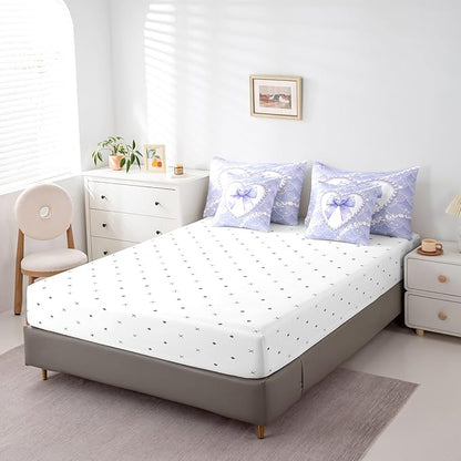 jejeloiu Girls Purple Bowknot 7 Piece Bedding Set King Size White Pearl Comforter Set with Sheets for Kids Women Glitter Mermaid Bed in a Bag Princess Style Bed Set