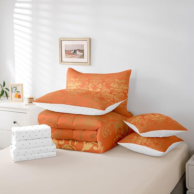 Erosebridal Gothic Damask Bed in a Bag King Size Comforter Set 7 Pieces,Halloween Bat Bedding Sets Orange and Yellow Victorian Floral Goth Sheet Set with Comforter