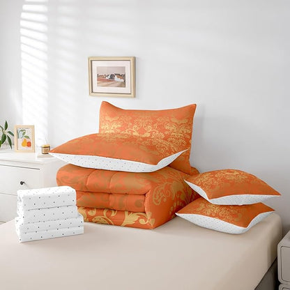 Erosebridal Gothic Damask Bed in a Bag King Size Comforter Set 7 Pieces,Halloween Bat Bedding Sets Orange and Yellow Victorian Floral Goth Sheet Set with Comforter