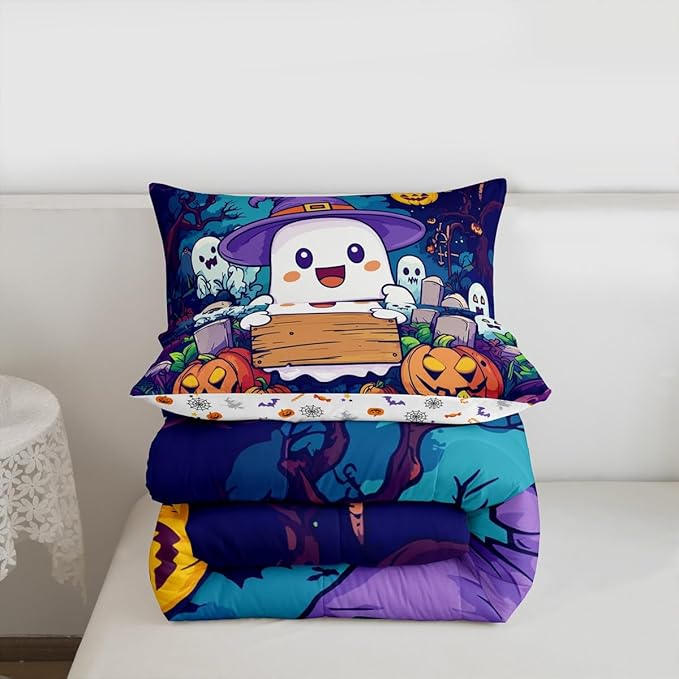Erosebridal Kids Halloween Bedding Set Toddler, Cute Ghost Comforter Set Spooky Halloween Decor Comforter for Boys Girls Teens Youth Adults Bedroom, Pumpkin Lantern Cartoon Graveyard Gothic Quilt