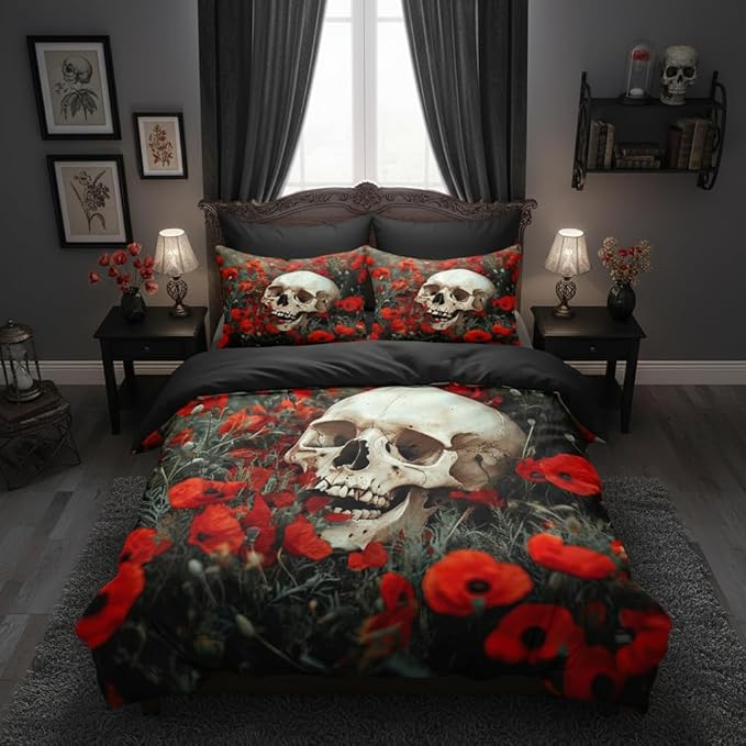 Gothic Skull Comforter Set Queen Size, Black Red Floral Microfiber Bedding Set, Horror Themed Bedroom Decor for Adult/Women