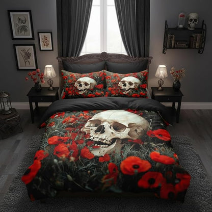 Gothic Skull Comforter Set Queen Size, Black Red Floral Microfiber Bedding Set, Horror Themed Bedroom Decor for Adult/Women
