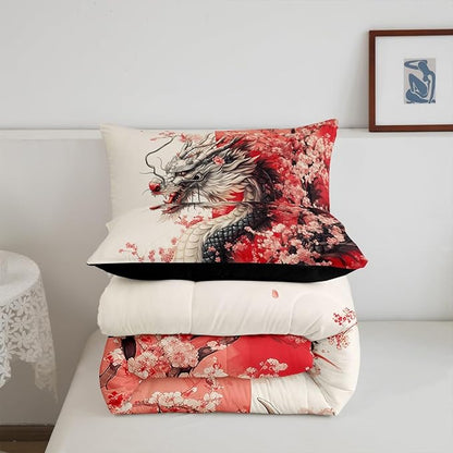Erosebridal Girls Dragon Comforter Set King Size, Japanese Style Animal Down Comforter Cherry Blossoms Sakura Bedding Set Ancient Wildlife Quilt for Kids Teens Adult Women Bedroom Decor, Pink