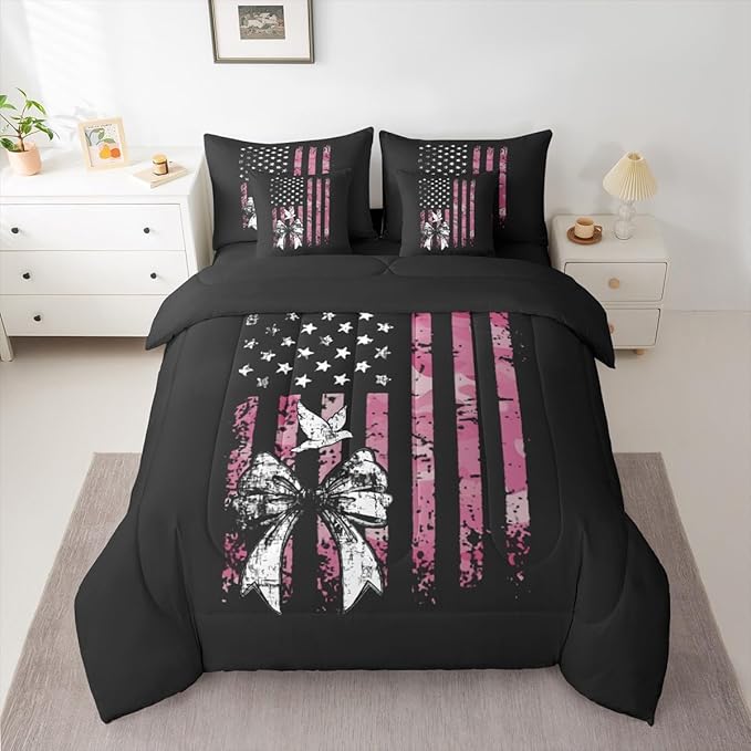 Erosebridal Camo King Comforter Set Bowknot 7-Piece Bed in A Bag Bow Military American Flag Pigeons Birds Sheets and Pillowcases Black White Pink Bed Sets