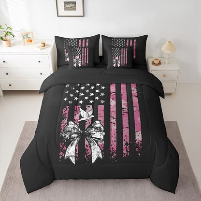 Erosebridal Camo King Comforter Set Bowknot 7-Piece Bed in A Bag Bow Military American Flag Pigeons Birds Sheets and Pillowcases Black White Pink Bed Sets