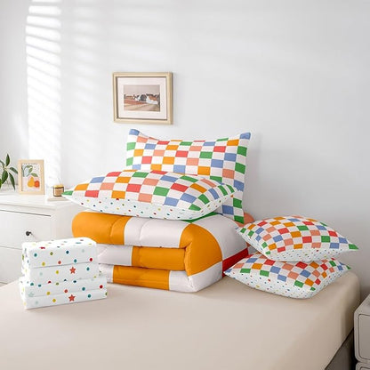 Feelyou Checkered Retro 7 Piece Bedding Set Teen Women Men Rainbow Colorful Plaid Comforter Set with Sheets King Size Kids Boys Geometric Vintage Bed in a Bag Modern Groovy Aesthetic Room Decor