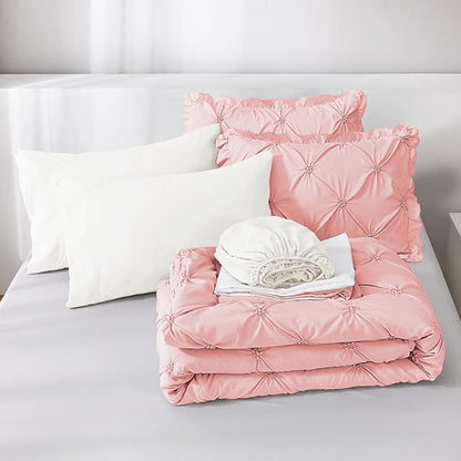 JOLLYVOGUE Queen Comforter Set 7 Pieces, Pink/Ivory Bed in a Bag Comforter Set for Bedroom, Bedding Comforter Sets with Comforter, Sheets,Ruffled Shams & Pillowcases