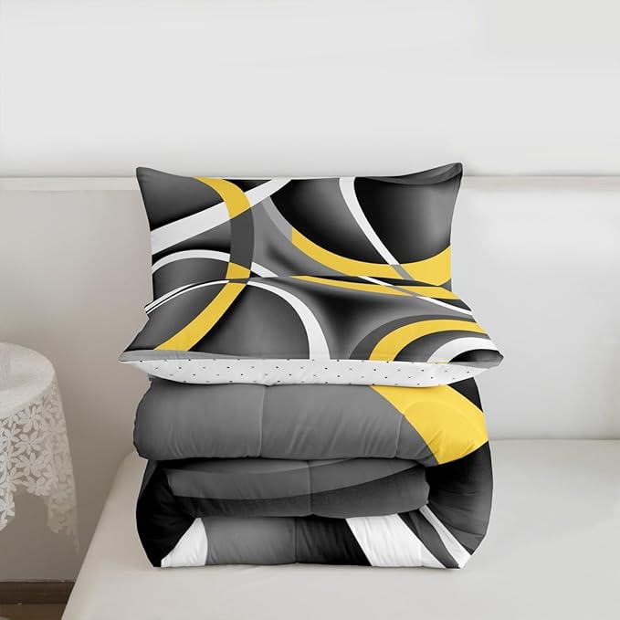 Castle Fairy Circle Geometric Comforter Set Gray Black Yellow Swirls Bedding Set for Kids Girls Women Adults Abstract Stripes Comforter Retro Style Quilted Duvet Set Bedroom Collection Twin Size 2Pcs