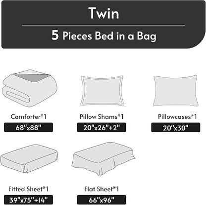 MUXHOMO 5 Pieces Twin Comforter Set, Reversible Bed in a Bag Twin Size, All Season Bedding Set with Comforter, Flat Sheet, Fitted Sheet, Pillowcases & Shams, Purple & Lavender