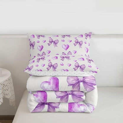 Erosebridal Purple Bow Girls Bedding Set with Sheets Full Ribbon Bowknot Comforter Set for Kids Teen Girls Women Bedroom Dreamy Princess Coquette Comforter Trendy Preppy Bows Quilt Duvet