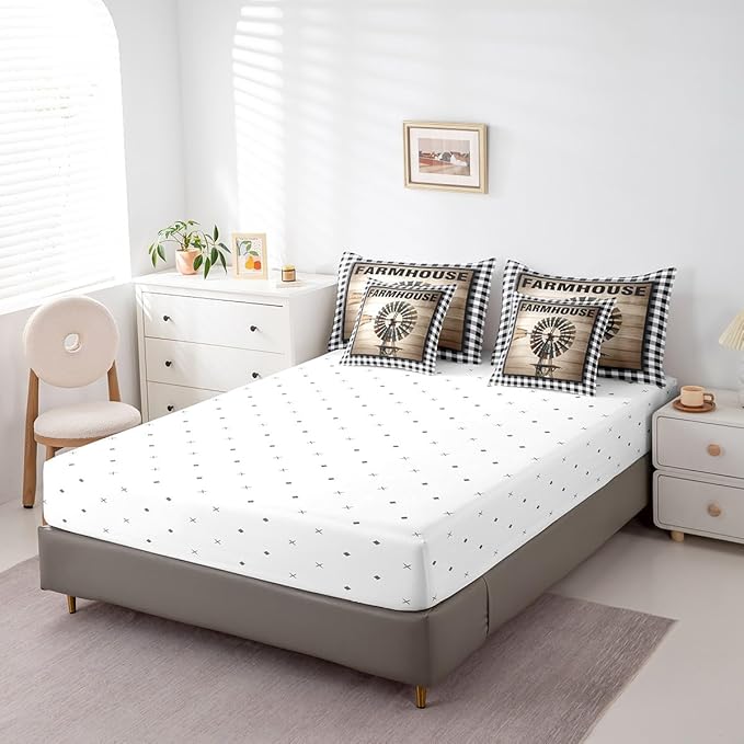 Erosebridal Farmhouse Windmill Comforter Set Bed in a Bag Full 7Pcs for Kids Boys Rustic Wooden Comforter Set with Flat Fitted Sheets, 2 Pillowcases and 2 Throw Pillow Covers
