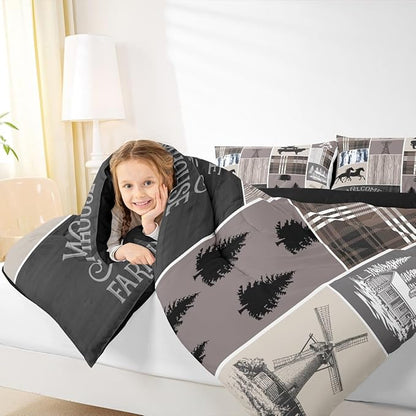 Erosebridal Kids Horse Bedding Set, Western Farmhouse Windmill Comforter Set Rustic Cabin Decor, Southwestern Cowboy Horseshoe Quilt Full for Boys Teens Adult, Grid Plaid Patchwork Down Comforter
