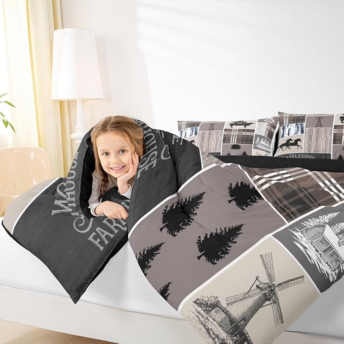 Erosebridal Kids Horse Bedding Set, Western Farmhouse Windmill Comforter Set Rustic Cabin Decor, Southwestern Cowboy Horseshoe Quilt Twin for Boys Teens Adult, Grid Plaid Patchwork Down Comforter