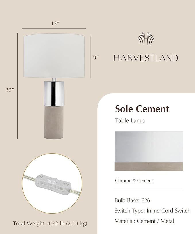 HarvestLand 22" Sole Cement Large Table Lamp – Modern Round Stone Lamp with Chrome Accent for Entry Table or Lamp for Living Room, Decorative lamp, Bedside Table lamp