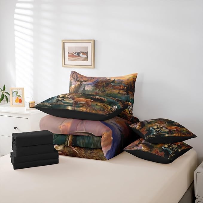 Erosebridal 7 Pieces Deer Bear Hunting Comforter Set Rustic Cabin Lodge Bedding Set Full Size for Kids Teens Adults Country Farmhouse Woodland Animal Quilt Sets Antler Moose Bear Bed in A Bag