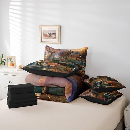Erosebridal 7 Pieces Deer Bear Hunting Comforter Set Rustic Cabin Lodge Bedding Set Twin Size for Kids Teens Adults Country Farmhouse Woodland Animal Quilt Sets Antler Moose Bear Bed in A Bag