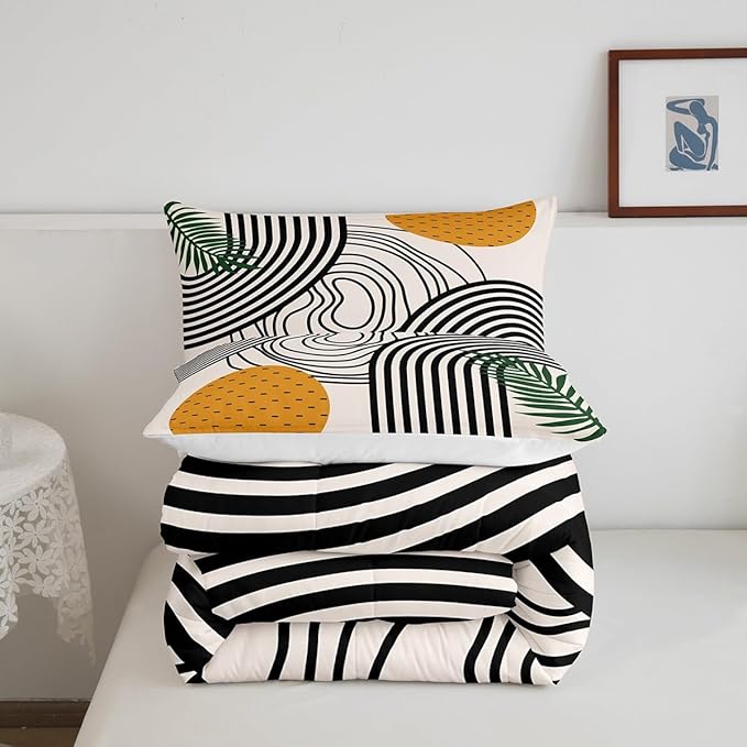 Erosebridal Modern Comforter Set King Abstract Art Bedding Set, Orange Black White Aesthetic Bedding Comforter Sets Retro Minimalism Duvet Sets, Mid Century Quilted Comforter Geometric Striped Decor