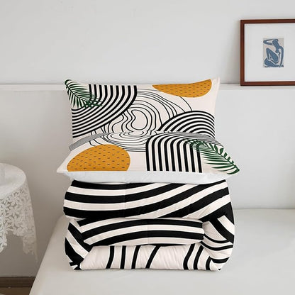 Erosebridal Modern Comforter Set King Abstract Art Bedding Set, Orange Black White Aesthetic Bedding Comforter Sets Retro Minimalism Duvet Sets, Mid Century Quilted Comforter Geometric Striped Decor