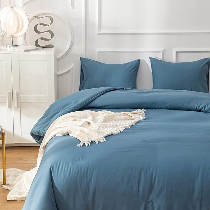 Pureant Blue Comforter Set Full Size Dusty Blue Bedding Comforter Sets for Women Men Cotton Lake Blue Full Comforter Soft Adults Grayish Comforter Sets Solid Color Quilt Breathable
