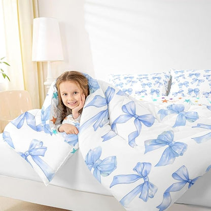 Erosebridal Blue Bow Comforter Set King Size Cute Cartoon Bowknot Bedding Set for Girls,Dreamy Princess Style Down Comforter for Kids Teen Women,Blue Kawaii Girly Coquette Butterfly Knot Quilt
