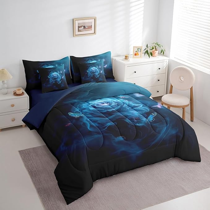 Erosebridal Teal Blue Rose Comforter Set King with Sheets,Mist Flower Bed in a Bag 7Pc Girls Women Bedroom Decor,Trippy Butterfly Bedding Set with Pillowcases & Shams,Valentines Gifts for Couples