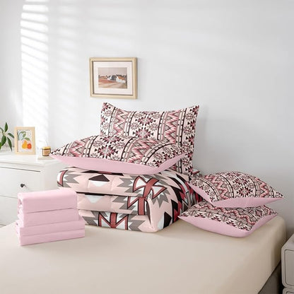 Erosebridal Pink Southwestern Bedding Set Twin 7 Piece Exotic Aztec Nordic Style Comforter Set Western Ethnic Geometric Stripes Bed in A Bag Rustic Tribal Native Bohemian Quilt with Flat Fitted Sheet