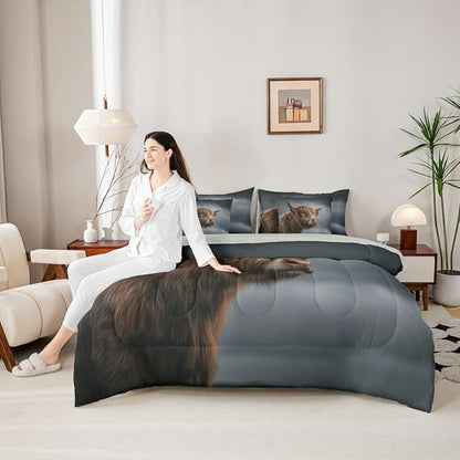 Erosebridal Highland Cow Comforter Sets with Sheets, Brown Cattle Bedding Set Queen for Boys Girls Nature Wild Animal 7Pcs Bed in A Bag Rustic Wildlife Bed Set