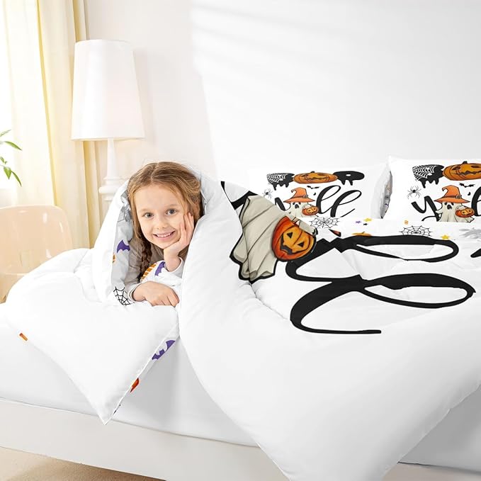 Erosebridal Halloween Boo Bedding Set Toddler, Halloween Pumpkin Comforter Set, Cute Ghost with Wizard Hat Comforter, Black Bat Spider Web Quilt for Kid Boys Girls Teens Women Men Bedroom Decor