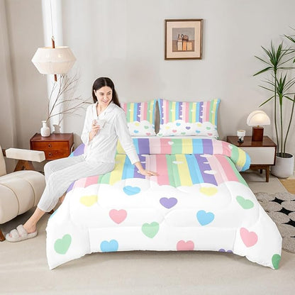 Erosebridal Love Heart Down Comforter Toddler Size,Cartoon Rainbow Comforter Set for Kids Teens Boys Girls, Kawaii Decor Quilt for All Season, Stripes Quilt, Colorful