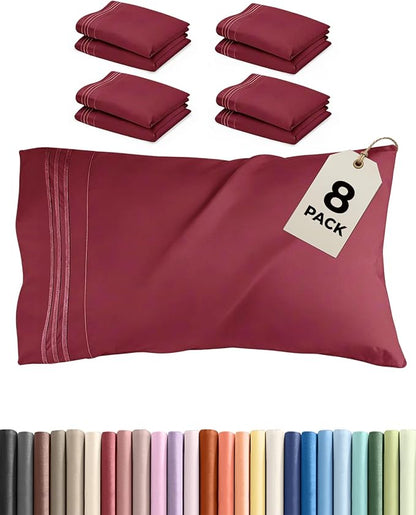 Queen Pillow Cases Set of 8 - Ultra Soft Hotel Quality Pillowcase Covers - Comfy, Cozy & Wrinkle Free - Shrink, Stain and Fade Resistant - Machine Washable Pillow Protectors - 8 Piece Set - Burgundy