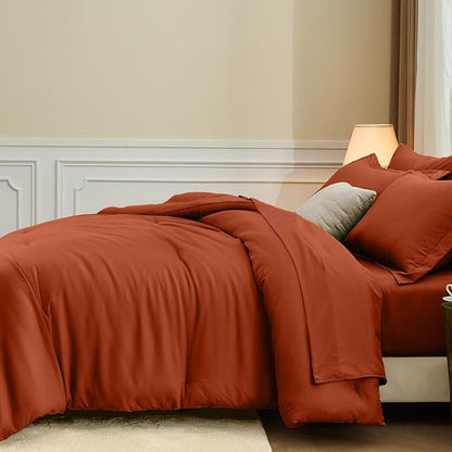 FUANNA Full Size Comforter Sets Burnt Orange, 7 Pieces Soft Bed in a Bag Full, All Season Lightweight Bed Sets with Comforter, Flat Sheet, Fitted Sheet, Pillowcases & Shams