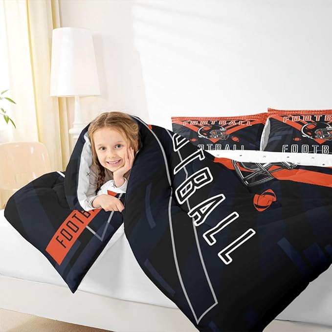Feelyou Football Bedding Set Boys Girls Full Size Comforter Set Sports Themed Women Men Rugby Sport Duvet Quilt Football City Orange Black Room Decor