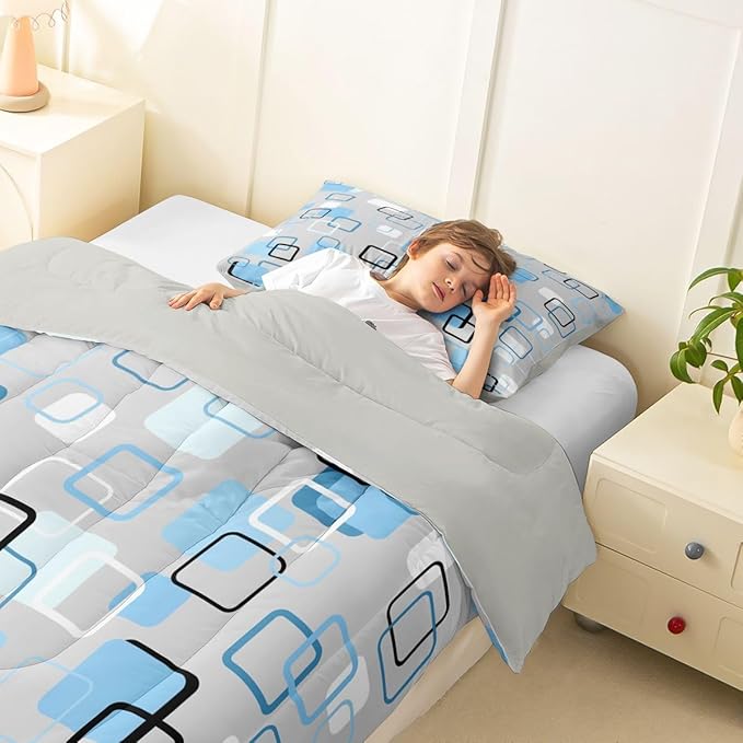 Erosebridal Cool Blue Geometric Square Kids Comforter Sets Abstract Minimalist Stripes Twin Bedding Set for Girls Boys Modern Plaid Comforter Set Checkered Aesthetic Quilt Duvet 2 Pcs