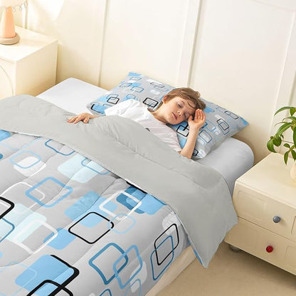 Erosebridal Cool Blue Geometric Square Kids Comforter Sets Abstract Minimalist Stripes Twin Bedding Set for Girls Boys Modern Plaid Comforter Set Checkered Aesthetic Quilt Duvet 2 Pcs