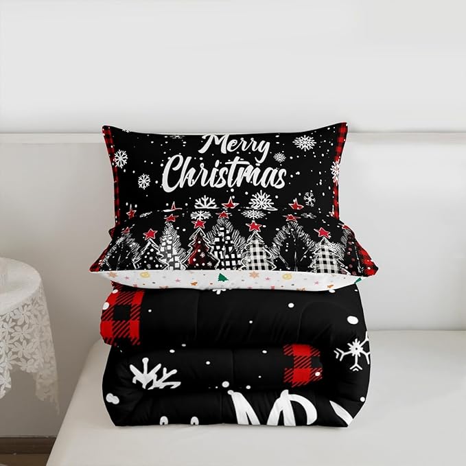 Christmas Tree Bedding Sets Full Size,Red Black Checkered Comforter Set 3Pcs for Kids Girls Boys Women Room Decor,Winter Snoweflake Quilted Duvet Retro Xmas Pine Down Comforter,2 Pillowcases