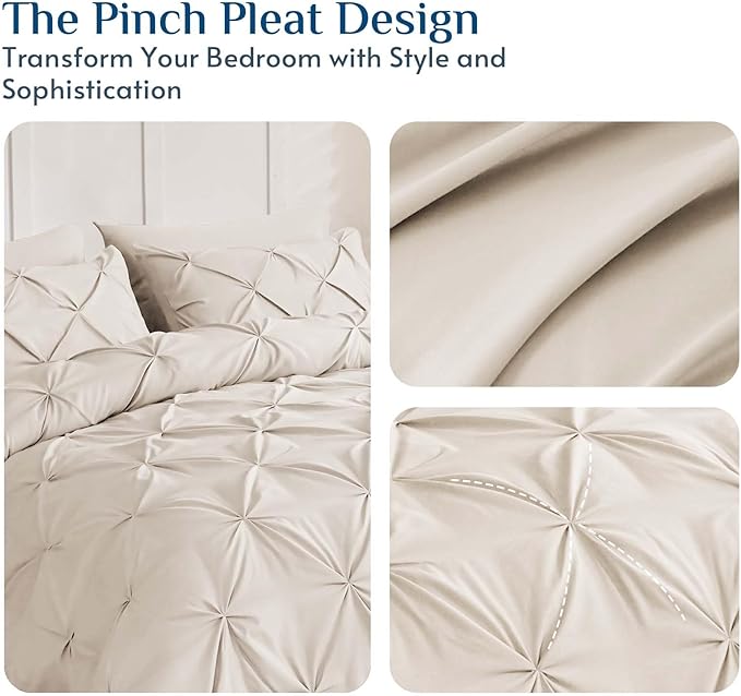 JOLLYVOGUE King Size Comforter Set 7 Pieces - Bed in a Bag King for All Season, Pintuck Bedding Comforter Sets with Comforter, Flat Sheet, Fitted Sheet and Pillowcases & Shams, Beige