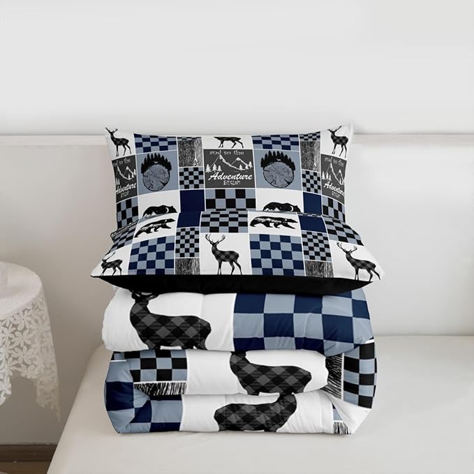 Adult Cabin Comforter Set Queen, Retro Rustic Lodge Bedding Set Bear Deer Elk Duvet Insert Country Checkered Buffalo Plaid Patchwork Down Comforter Christmas Deer Decorations Indoor, Blue Grey