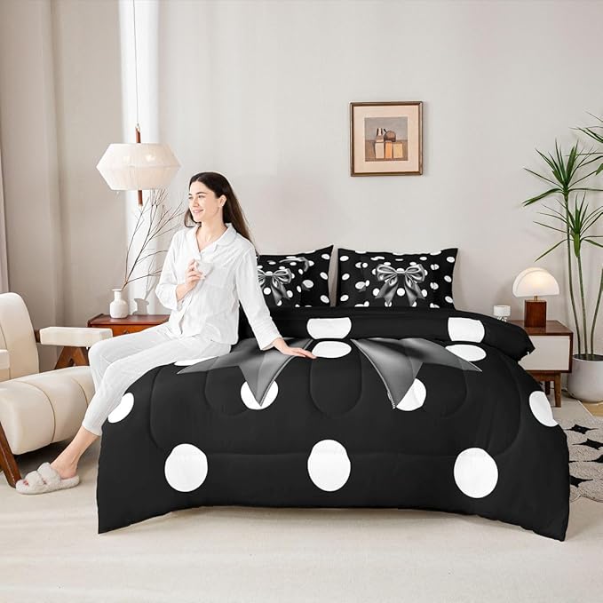 Feelyou Grey Bowknot 7 Piece Bedding Set Polka Point Comforter Set with Sheets for Kids Boys Girls Cute Bow Bed in a Bag Princess Theme Bed Set Soft Lightweight
