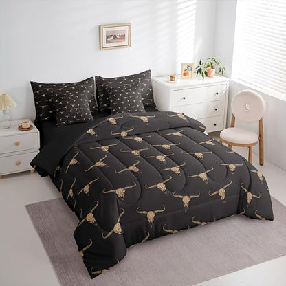 Erosebridal Bull Skull 7 Piece Comforter Set Full Ethnic Bohemian Bedding for Men Boys | Tribal Steer Skull Wildlife Aztec Bedroom Decor Farmhouse Cabin Lodge Sheet Set with Comforter,Black Brown