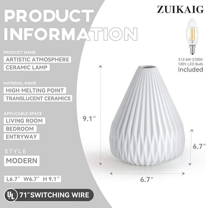 9.1" Modern Ceramic Table Lamp,White Bedside Table lamp, Night Lamp,Decorative Lamp,Ambient Lighting,Artistic lamp,Suitable for Living Room, Bedroom, Entrance, Kitchens, Corded, Bulb Included
