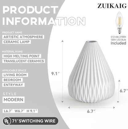 9.1" Modern Ceramic Table Lamp,White Bedside Table lamp, Night Lamp,Decorative Lamp,Ambient Lighting,Artistic lamp,Suitable for Living Room, Bedroom, Entrance, Kitchens, Corded, Bulb Included