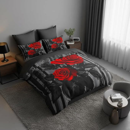 Black Red Comforter Set King Size Women Red Rose Bedding Set with Black Grey Stripe Background, Suitable for Gothic Vintage Decor, 2 Pillowcases, 3Piece