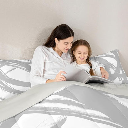 Gray and White Abstarct Comforter Set Twin Size for Kids Boys Girs,Graffiti Stripes Lines Bedding Set,Aesthetic Geometric Duvet Insert for Minimalists,Contemporary Boho Modern Art Quilt