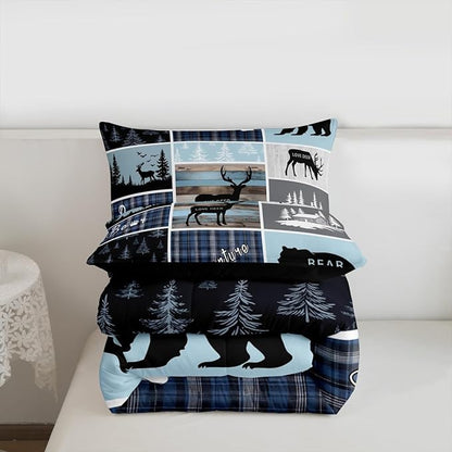 Cabin Rustic Bedding, Twin Bear Deer Woodland Animals Comforter Set For Kids Boys Teens Adult, Wildlife Hunting Lodge Quilt Blue Patchwork Plaid Duvet Insert Vintage Country Farmhouse Down Comforter