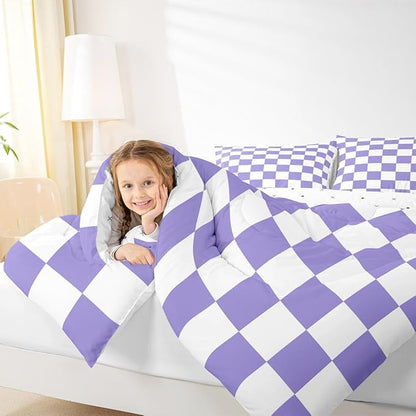 Checkered Retro Comforter Set Full Size Purple Plaid Bedding Set for Kids Boys Girls Geometric Vintage Duvet Quilt Modern Simple Groovy Aesthetic Bedroom Decor 3 Pcs with 2 Pillow Cases