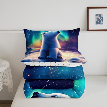 Manfei Kawaii Polar Bear Comforter Toddler for Kids Adults Youth,Aurora Neon Colorful Galaxy Sky Quilt Comforter Room DecorCartoon Little Bear Wildlife Quilted Duvet Duvet Insert,1 Pillowcase